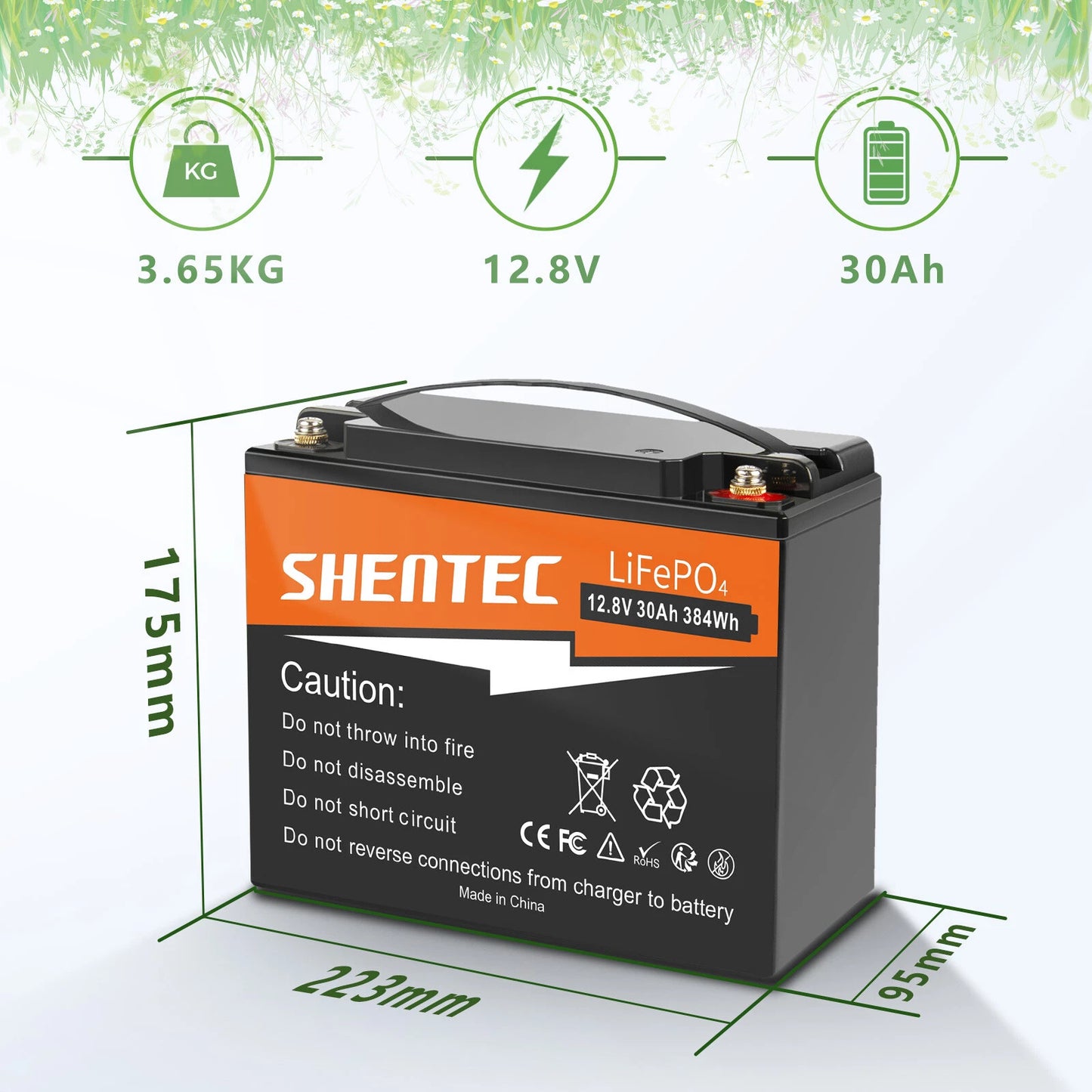SHENTEC 12.8V 30AH Lithium-LiFePO4-Batterie für Zuhause, Wohnmobil, Boot, Notstromversorgung
