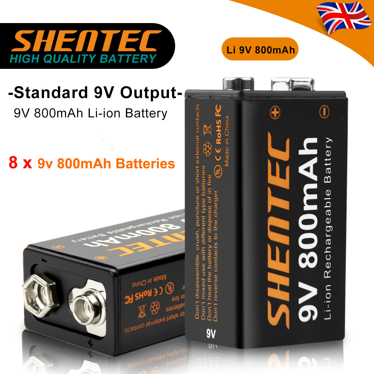 SHENTEC 8er-Pack 9V 800mAh wiederaufladbare Lithium-Batterie 6F22 PP3 LR22 MN1604