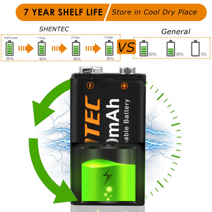 SHENTEC 8er-Pack 9V 800mAh wiederaufladbare Lithium-Batterie 6F22 PP3 LR22 MN1604