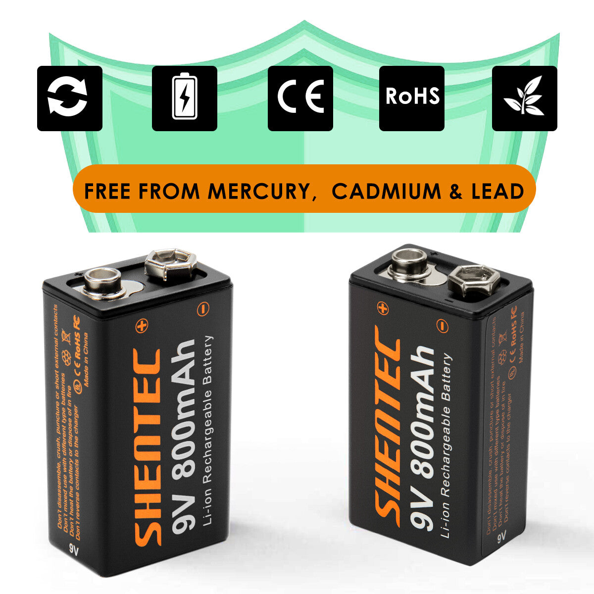 SHENTEC 8er-Pack 9V 800mAh wiederaufladbare Lithium-Batterie 6F22 PP3 LR22 MN1604