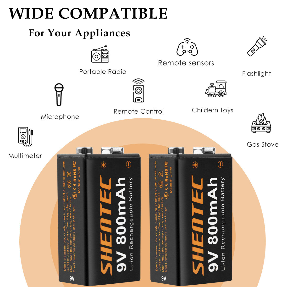 SHENTEC 8er-Pack 9V 800mAh wiederaufladbare Lithium-Batterie 6F22 PP3 LR22 MN1604