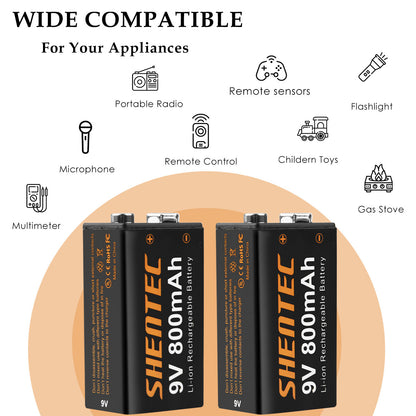 SHENTEC 8er-Pack 9V 800mAh wiederaufladbare Lithium-Batterie 6F22 PP3 LR22 MN1604