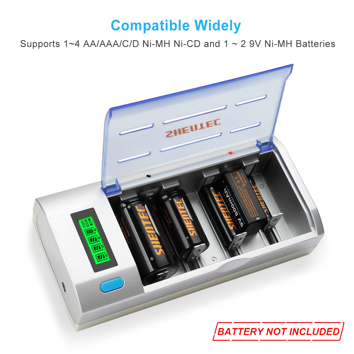 SHENTEC LCD Universal-Batterieladegerät für AA AAA C D 9V Ni-MH Ni-Cd wiederaufladbare Batterien