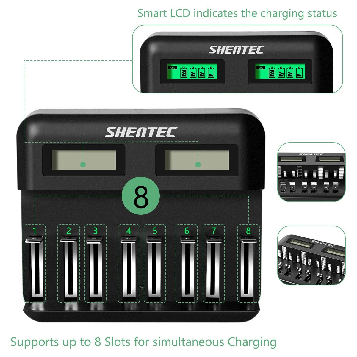 SHENTEC 8-Steckplätze 9V Smart AA AAA C D Ni-MH wiederaufladbares Batterieladegerät