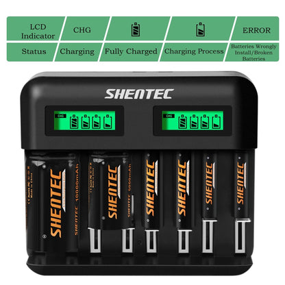 SHENTEC 8-Steckplätze 9V Smart AA AAA C D Ni-MH wiederaufladbares Batterieladegerät