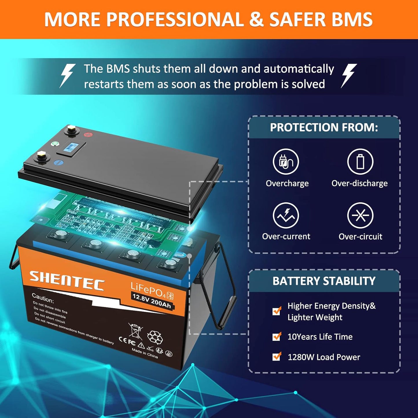 SHENTEC LiFePO4 200Ah 12V Lithium Battery With BMS LED Display Push Button Switch