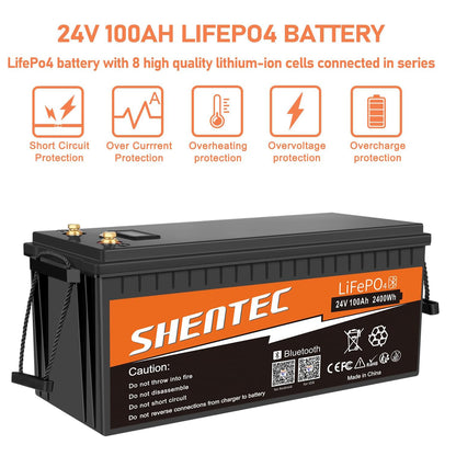 SHENTEC 24V 100Ah Lithium LifePO4 Battery with 100A BMS