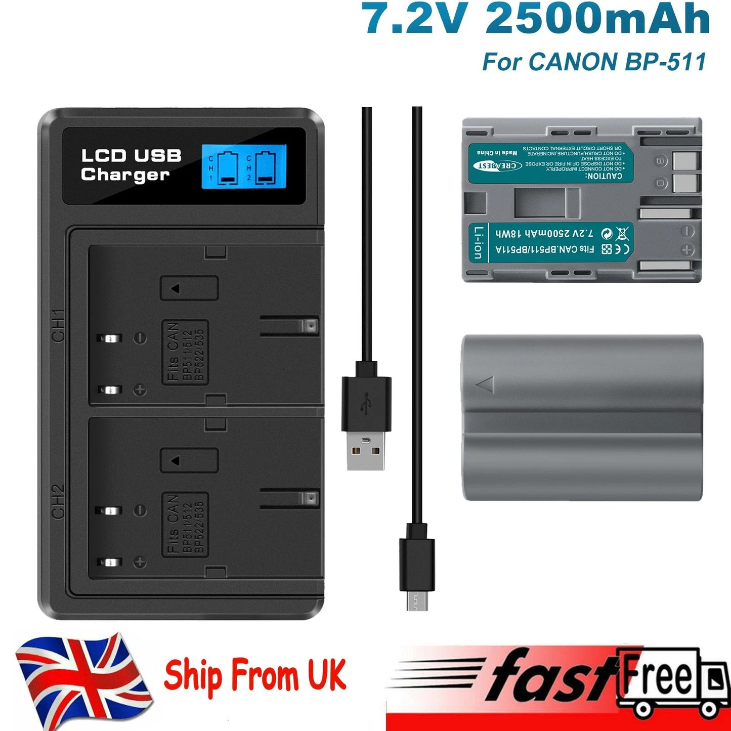 2x BP-511 Akku & LCD-Doppel-Ladegerät Für Canon EOS 40D 50D BP-511A 300D 20D 30D