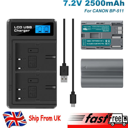 2x BP-511 Akku & LCD-Doppel-Ladegerät Für Canon EOS 40D 50D BP-511A 300D 20D 30D