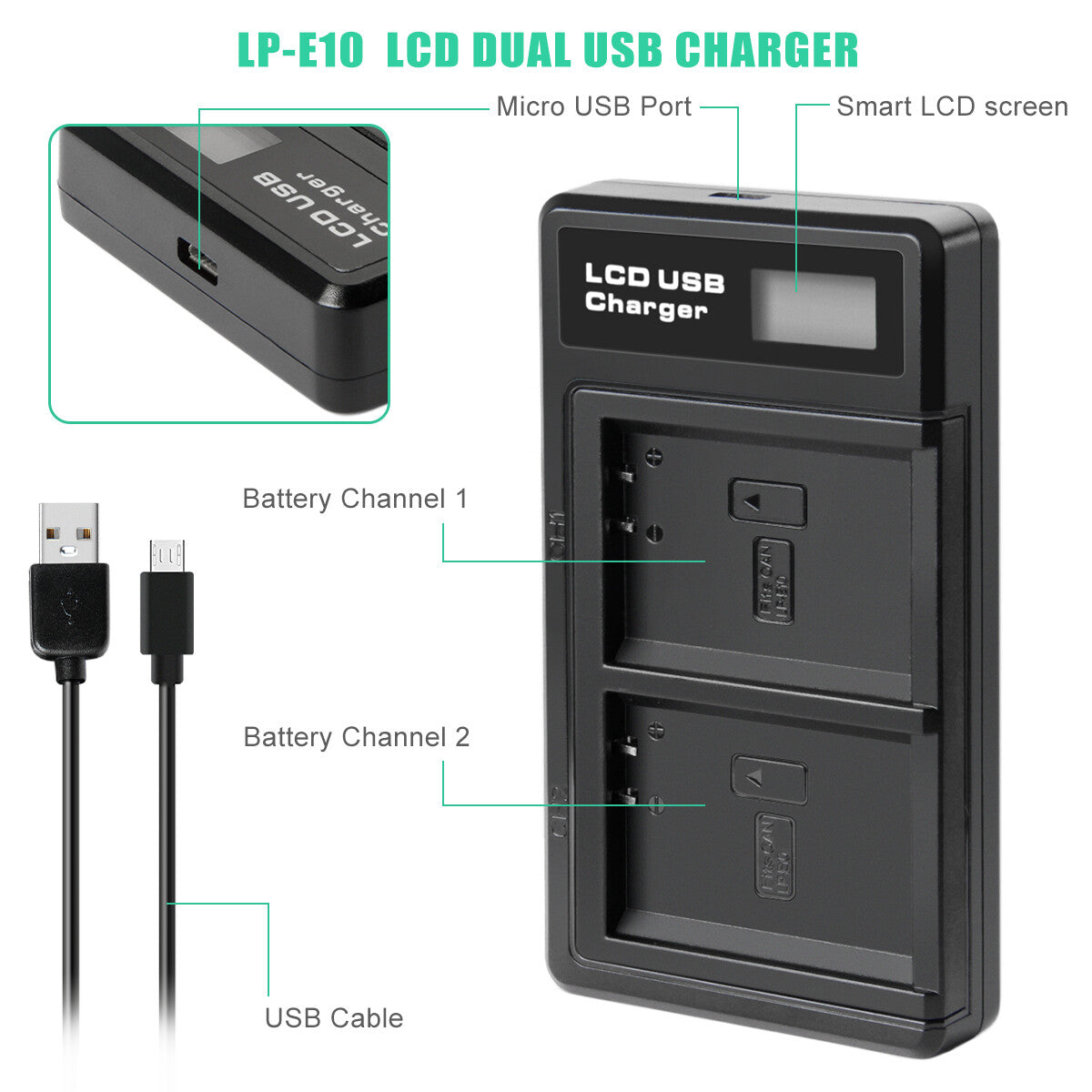 2x LP-E10 Akku & Ladegerät für Canon Rebel T3 T5 Kiss X50 EOS 1200D 1300D 2000D