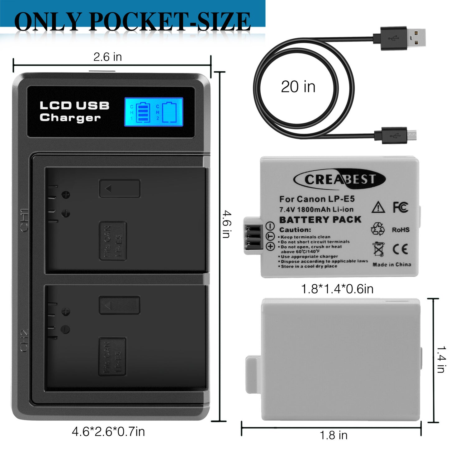 2× LP-E5-Akkus 1800mAh für Canon EOS 450D 500D 1000D Rebel T1i Xs Kiss X3 X2