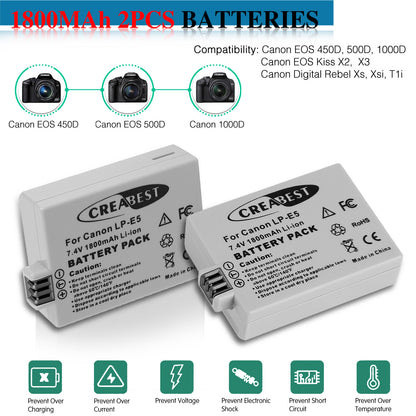 2× LP-E5-Akkus 1800mAh für Canon EOS 450D 500D 1000D Rebel T1i Xs Kiss X3 X2