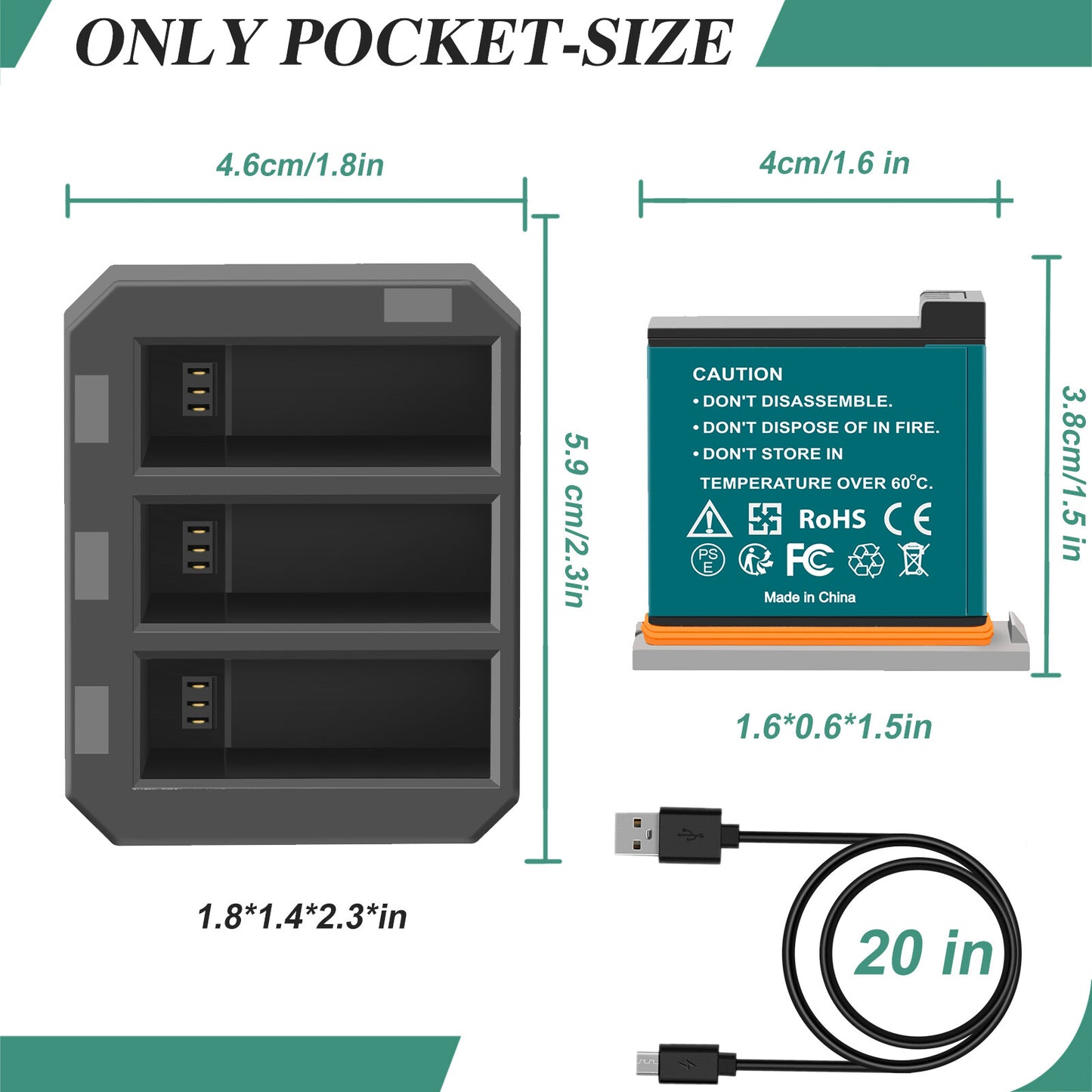 3x 1350mAh Akku + 3-Kanal USB-Schnellladegerät für DJI Osmo AB1 P01 PT1 Action