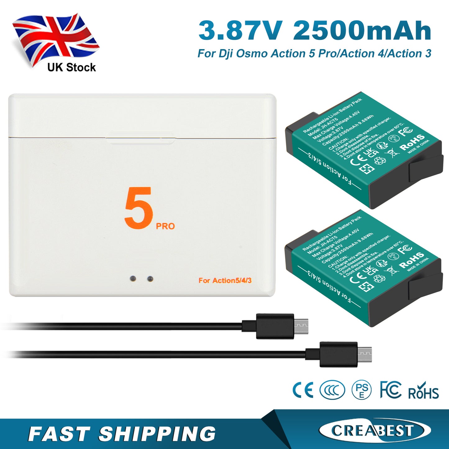 2x Akku+Ladegerät für DJI Osmo Action 5 Pro, Action 4, Action 3