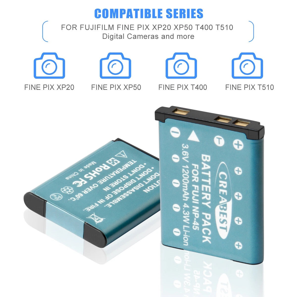 SHENTEC 3.6V 1200mAh Akku für Fujifilm NP-45, Olympus, Nikon EN-EL10 + Ladegerät