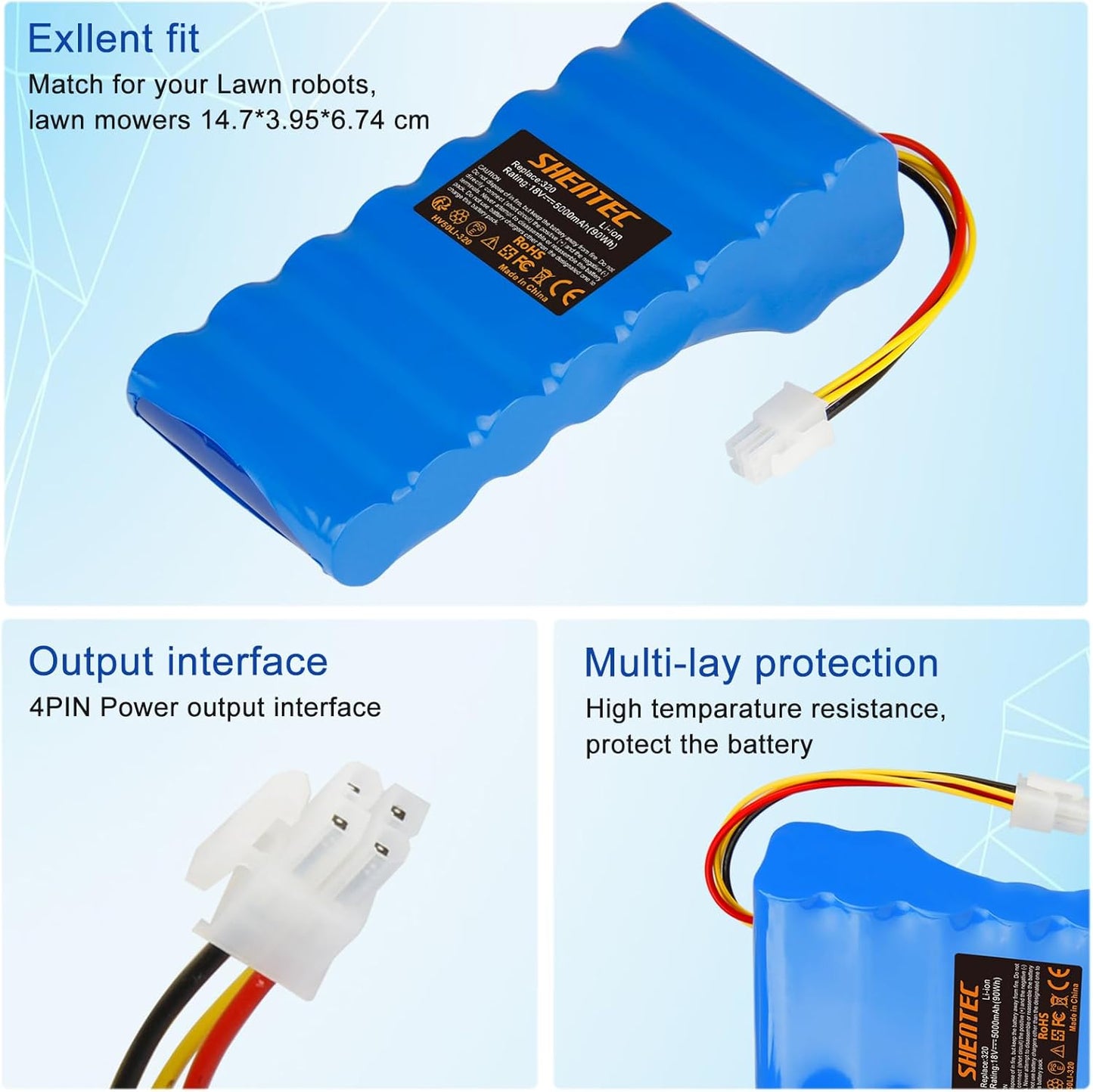 SHENTEC 18V 5000mAh Li-Ionen-Akku für Husqvarna Automower 320/430X/440/450X/520/550 589 58 52-01/589 58 57-01/588 14 64-01/588 14 64-02
