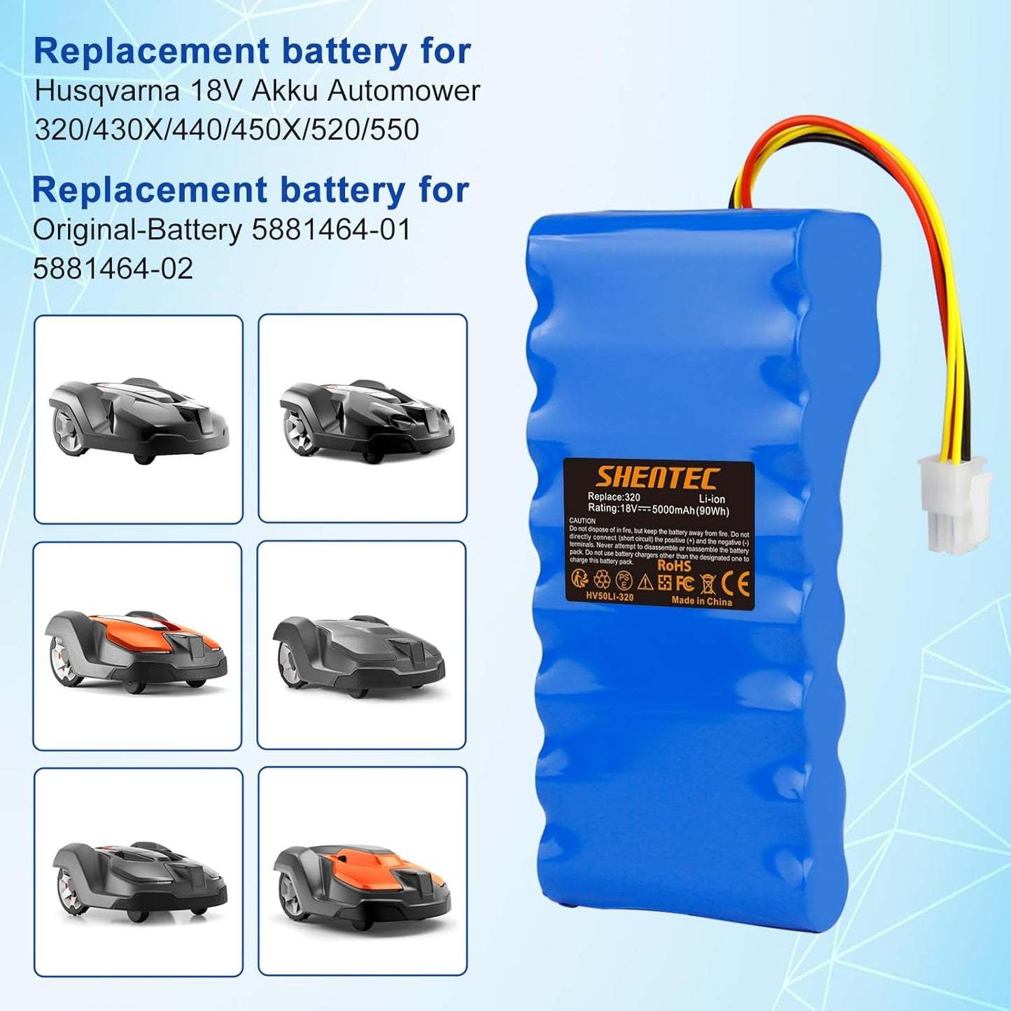 SHENTEC 18V 5000mAh Li-Ionen-Akku für Husqvarna Automower 320/430X/440/450X/520/550 589 58 52-01/589 58 57-01/588 14 64-01/588 14 64-02