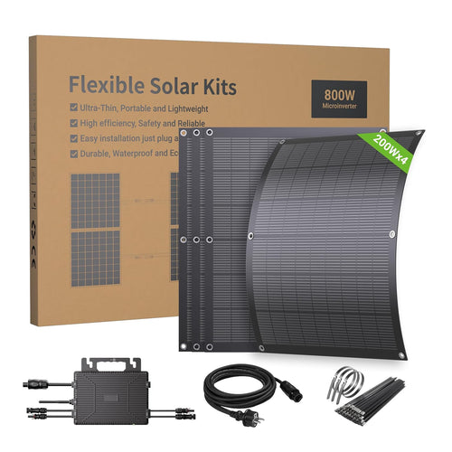 Balkonkraftwerk 800W flexibles Solarkit mit 4 x 200 W flexiblen Solarmodulen und Wechselrichter 800 W, Plug & Play mit 5 m AC-Kabel