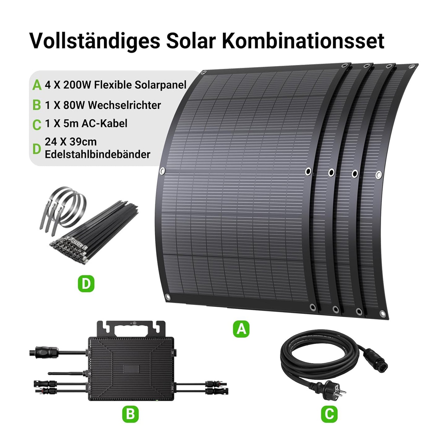 Balkonkraftwerk 800W flexibles Solarkit mit 4 x 200 W flexiblen Solarmodulen und Wechselrichter 800 W, Plug & Play mit 5 m AC-Kabel
