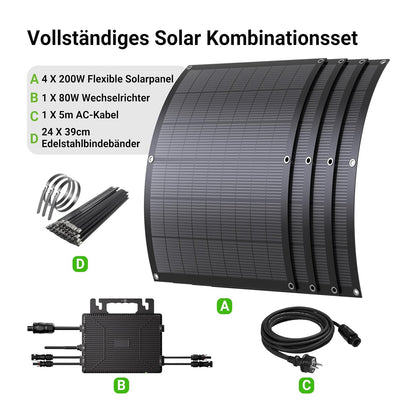 Balkonkraftwerk 800W flexibles Solarkit mit 4 x 200 W flexiblen Solarmodulen und Wechselrichter 800 W, Plug & Play mit 5 m AC-Kabel