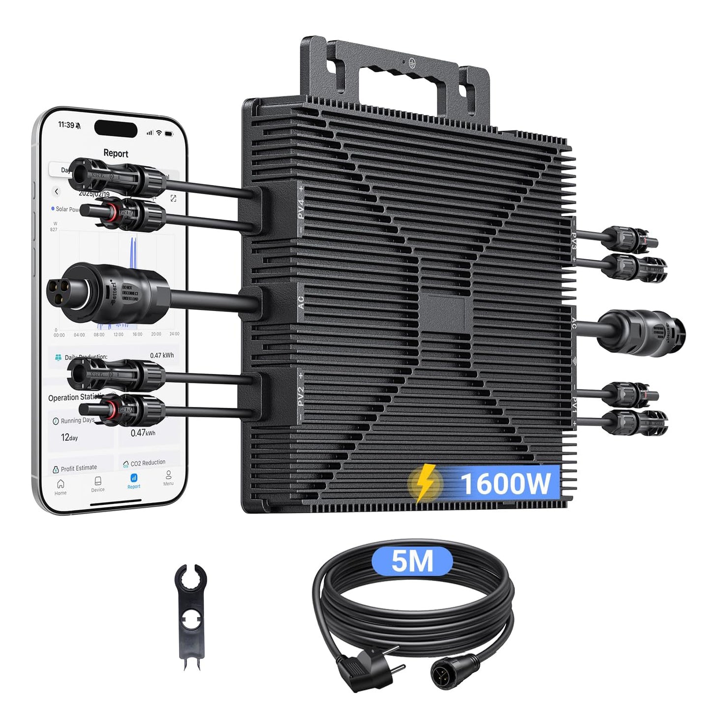 Micro-Wechselrichter 1600 W, Wechselrichter für Balkonkraftwerk mit WLAN, Plug & Play, App-Steuerung, 5 m AC-Kabel, PV-Wechselrichter
