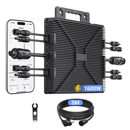 Micro-Wechselrichter 1600 W, Wechselrichter für Balkonkraftwerk mit WLAN, Plug & Play, App-Steuerung, 5 m AC-Kabel, PV-Wechselrichter