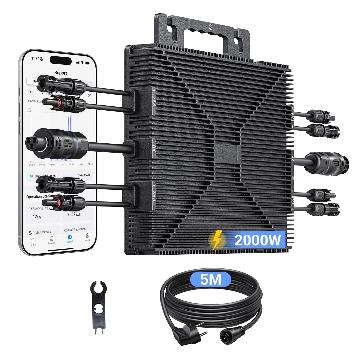 Mikro-Wechselrichter 2000W, Wechselrichter für Balkonkraftwerk mit WLAN, Plug & Play, App-Steuerung, 5 m AC-Kabel, PV-Wechselrichter