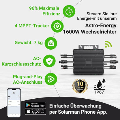 Micro-Wechselrichter 1600 W, Wechselrichter für Balkonkraftwerk mit WLAN, Plug & Play, App-Steuerung, 5 m AC-Kabel, PV-Wechselrichter