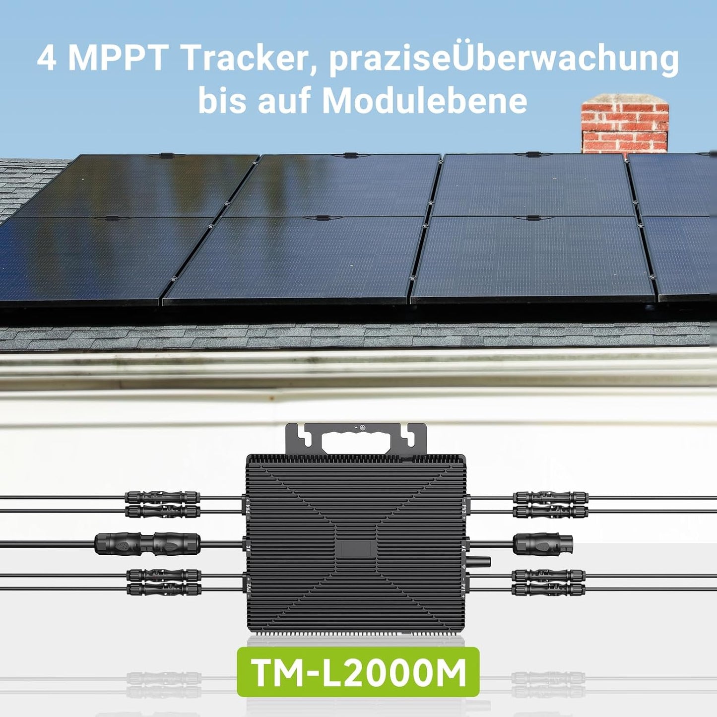 Mikro-Wechselrichter 2000W, Wechselrichter für Balkonkraftwerk mit WLAN, Plug & Play, App-Steuerung, 5 m AC-Kabel, PV-Wechselrichter
