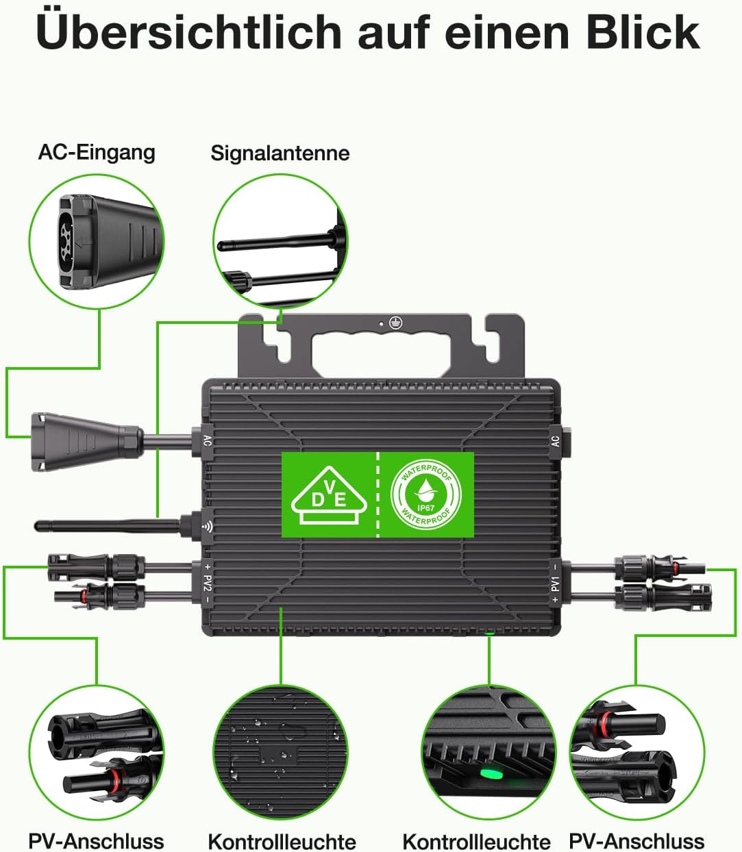 Mikro-Wechselrichter 800W, Balkonkraftwerk-Wechselrichter mit WLAN, Plug & Play, App-Steuerung, 5 m AC-Kabel, PV-Wechselrichter