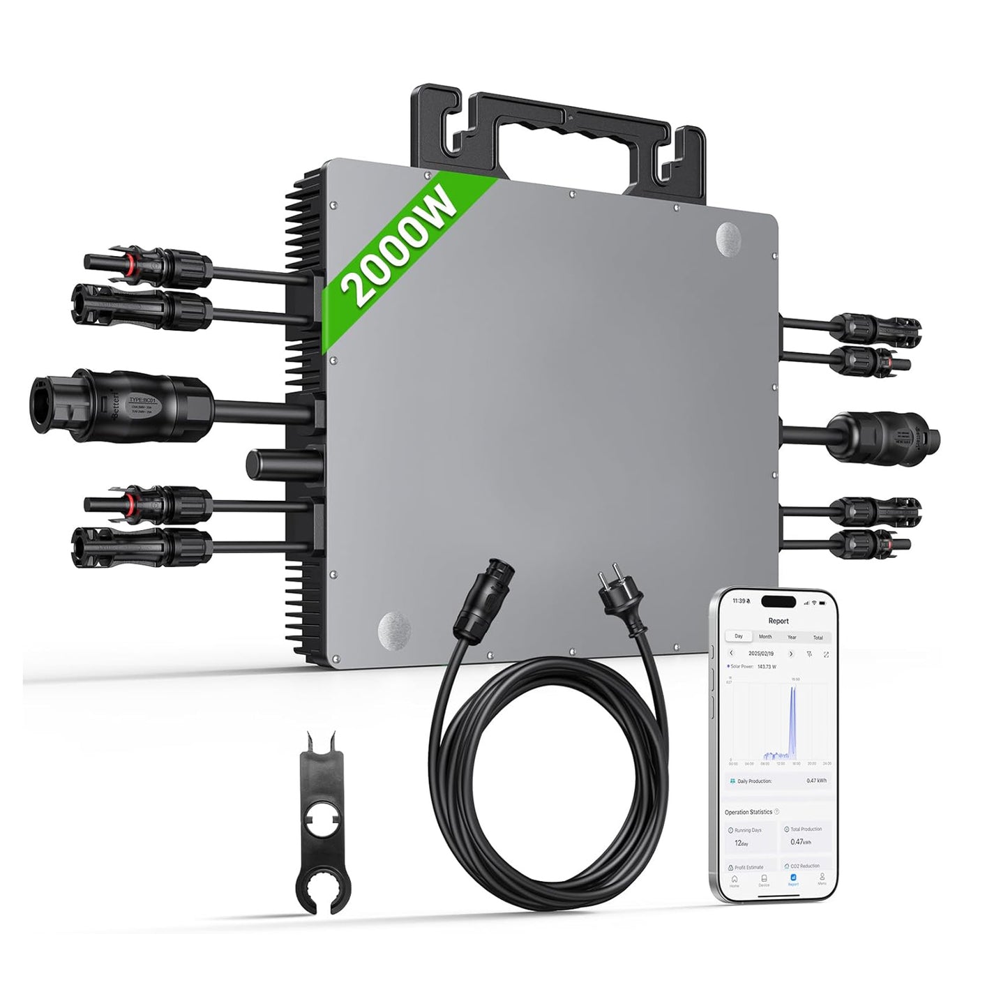 Mikro-Wechselrichter 2000W, Wechselrichter für Balkonkraftwerk mit WLAN, Plug & Play, App-Steuerung, 5 m AC-Kabel, PV-Wechselrichter