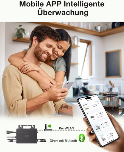 Mikro-Wechselrichter 800W, Balkonkraftwerk-Wechselrichter mit WLAN, Plug & Play, App-Steuerung, 5 m AC-Kabel, PV-Wechselrichter