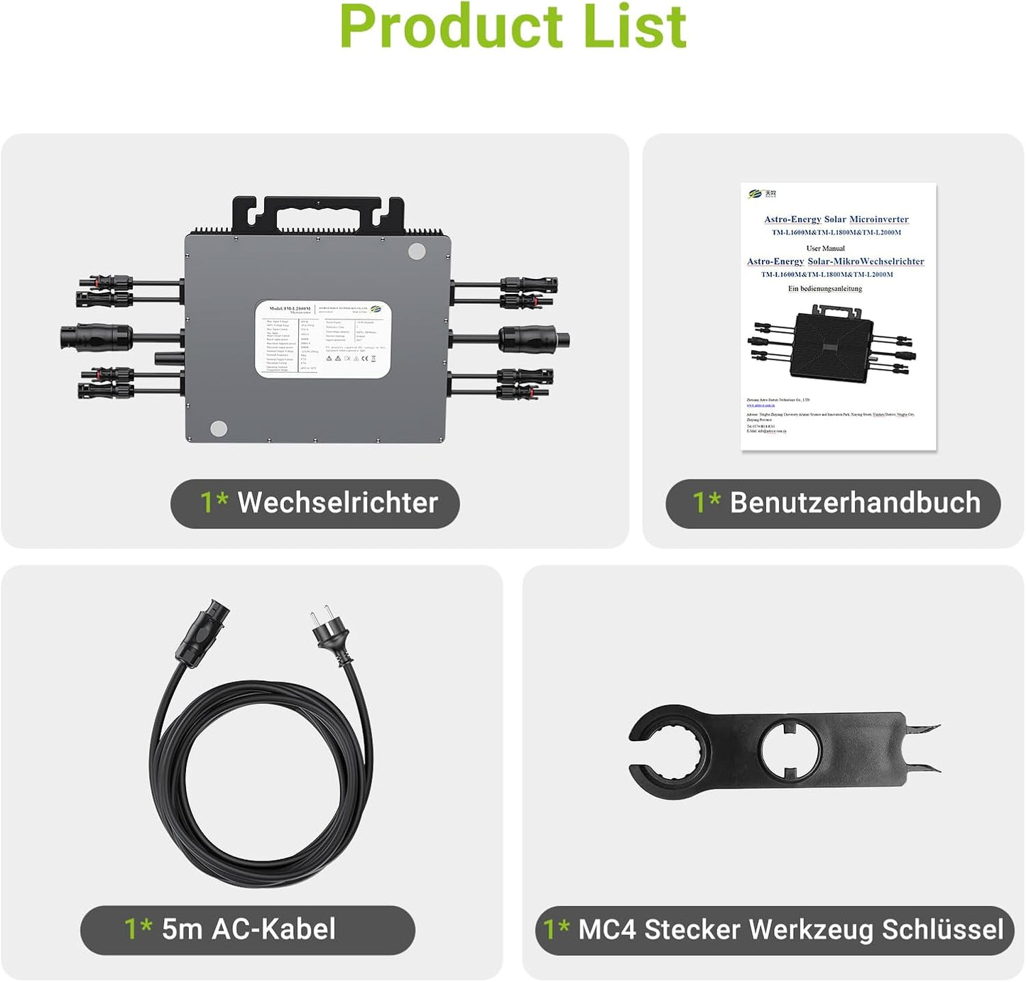 Micro-Wechselrichter 1600 W, Wechselrichter für Balkonkraftwerk mit WLAN, Plug & Play, App-Steuerung, 5 m AC-Kabel, PV-Wechselrichter