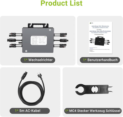 Micro-Wechselrichter 1600 W, Wechselrichter für Balkonkraftwerk mit WLAN, Plug & Play, App-Steuerung, 5 m AC-Kabel, PV-Wechselrichter