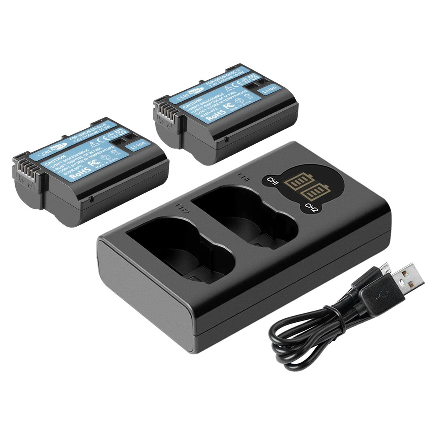2x EN-EL15 Akku + Doppelladegerät Für Nikon EL15A D500,D600,D610,D750,D850,D800E