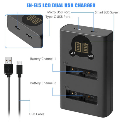 2x 1600mAh EN-EL5 Battery +Dual Charger For Nikon Coolpix P520 P100 P510