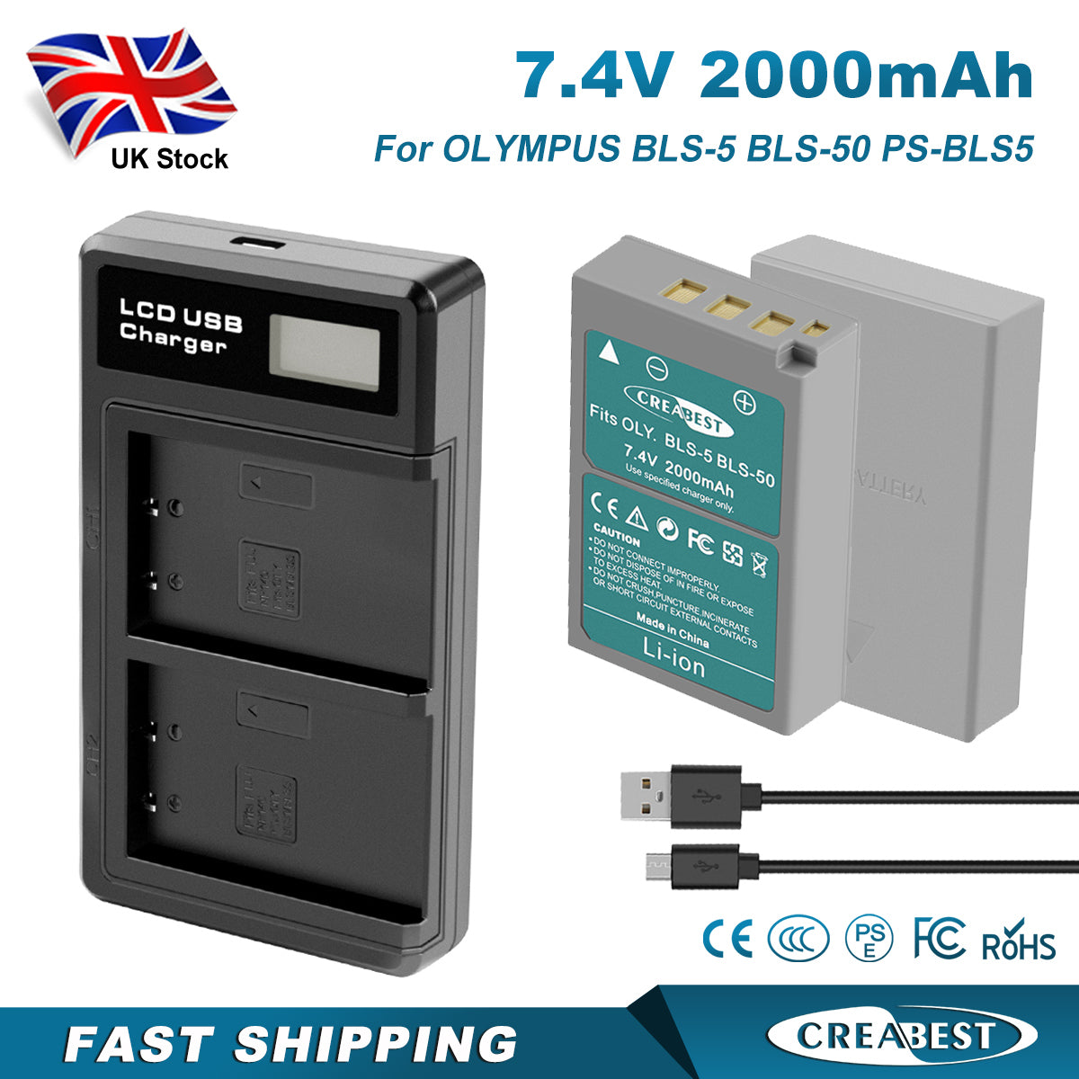 2x BLS-5 BLS-50 PS-BLS5 2000mAh Kameraakku + Doppel-Ladegerät für Olympus PEN