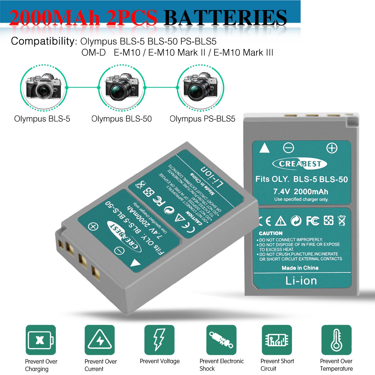 2x BLS-5 BLS-50 PS-BLS5 2000mAh Kameraakku + Doppel-Ladegerät für Olympus PEN