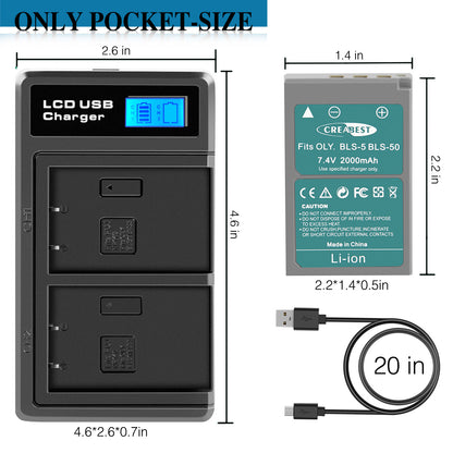 2x BLS-5 BLS-50 PS-BLS5 2000mAh Kameraakku + Doppel-Ladegerät für Olympus PEN