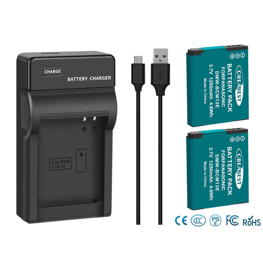 2 Stück DMW-BCM13 1250mAh Akku-Ladegerät für Panasonic Lumix DMC-TZ40S, ZS50, ZS30W