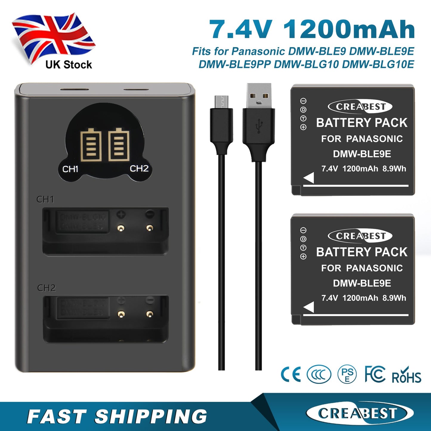 2er-Pack DMW-BLE9E Batterieladegerät Für Panasonic Lumix GF5 GX7 DMC- GF3 DC-G110 GX85