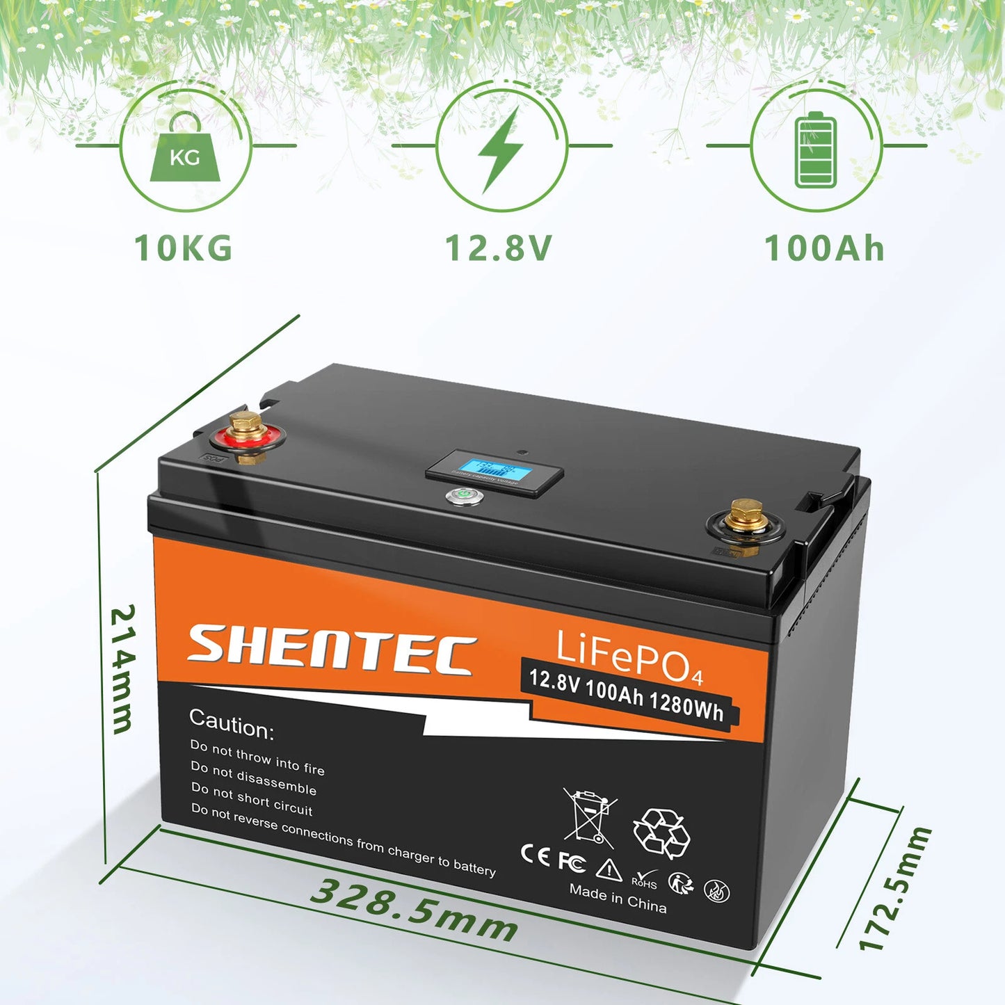 SHENTEC 12 V 100 Ah LiFePO4 Batterie Mit LED-Anzeige Eingebauter 100 A BMS Für Notstromversorgung