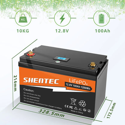 SHENTEC 12 V 100 Ah LiFePO4 Batterie Mit LED-Anzeige Eingebauter 100 A BMS Für Notstromversorgung