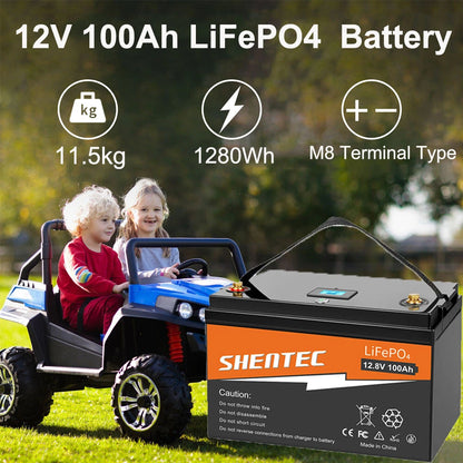 SHENTEC 12 V 100 Ah LiFePO4 Batterie Mit LED-Anzeige Eingebauter 100 A BMS Für Notstromversorgung