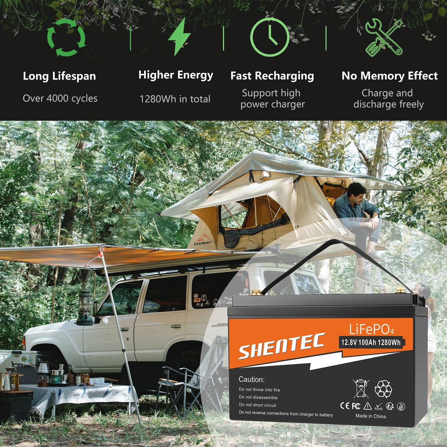 SHENTEC 12 V 100 Ah LiFePO4 Batterie Mit LED-Anzeige Eingebauter 100 A BMS Für Notstromversorgung