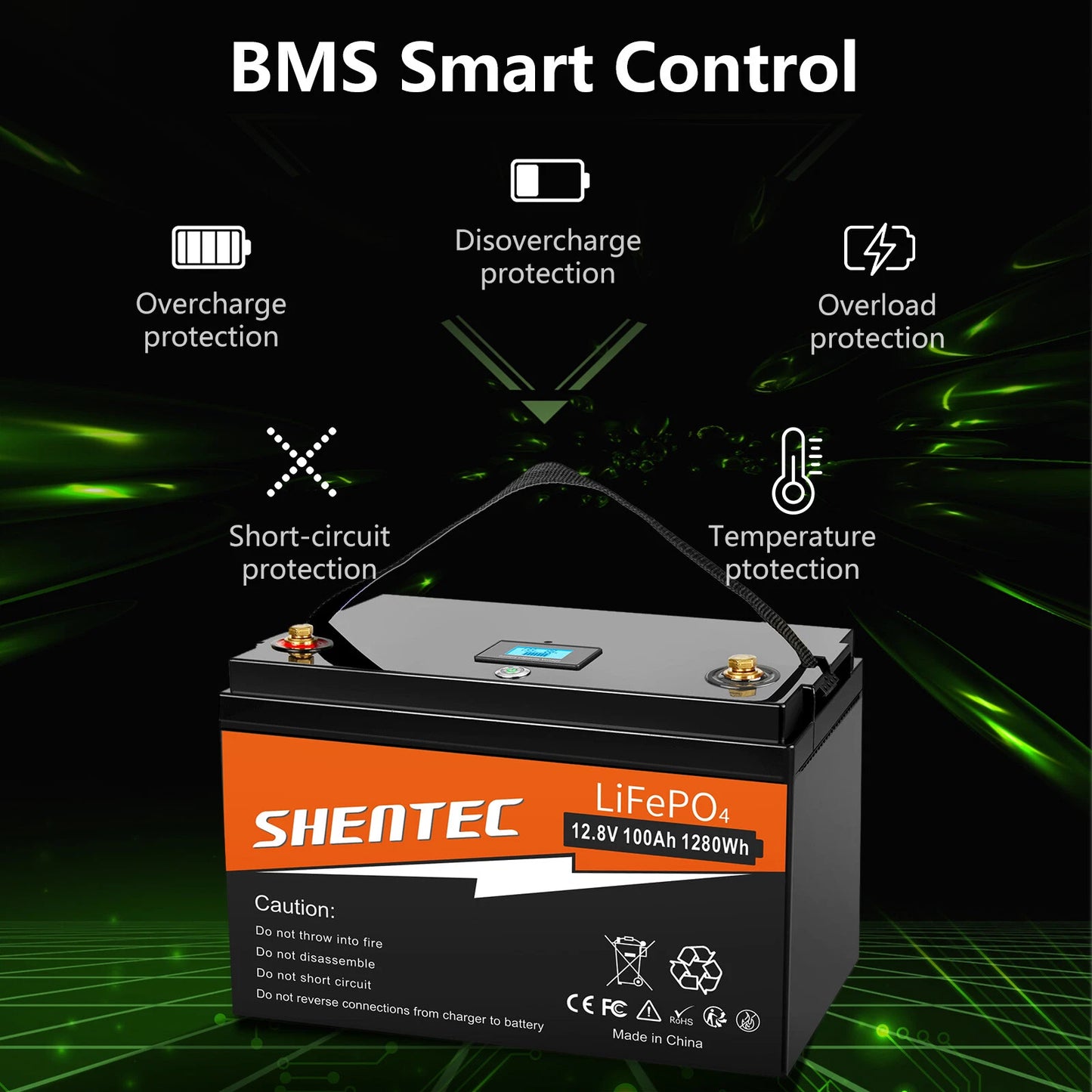 SHENTEC 12 V 100 Ah LiFePO4 Batterie Mit LED-Anzeige Eingebauter 100 A BMS Für Notstromversorgung
