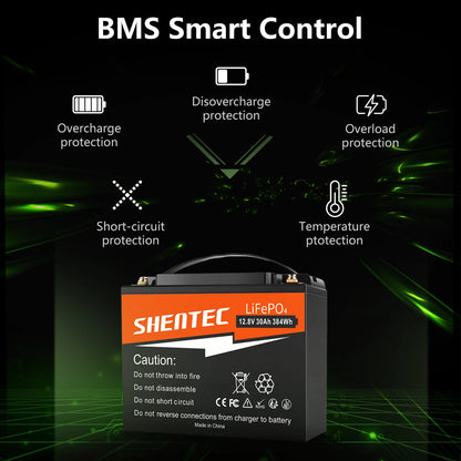 SHENTEC 12.8V 30AH Lithium-LiFePO4-Batterie für Zuhause, Wohnmobil, Boot, Notstromversorgung