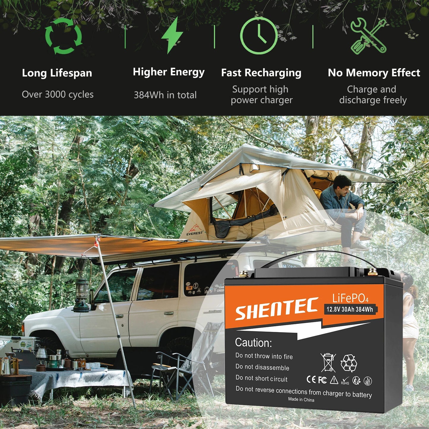 SHENTEC 12.8V 30AH Lithium-LiFePO4-Batterie für Zuhause, Wohnmobil, Boot, Notstromversorgung