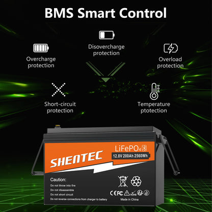 SHENTEC 12V 200Ah Lithium LiFePO4 Batterie für Boot & Wohnmobil 6000+ Zyklen