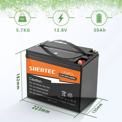 SHENTEC 12.8V 50Ah Lithium LiFePO4-Batterie für Solar, Wohnmobil, Boot, Caravan, Camping
